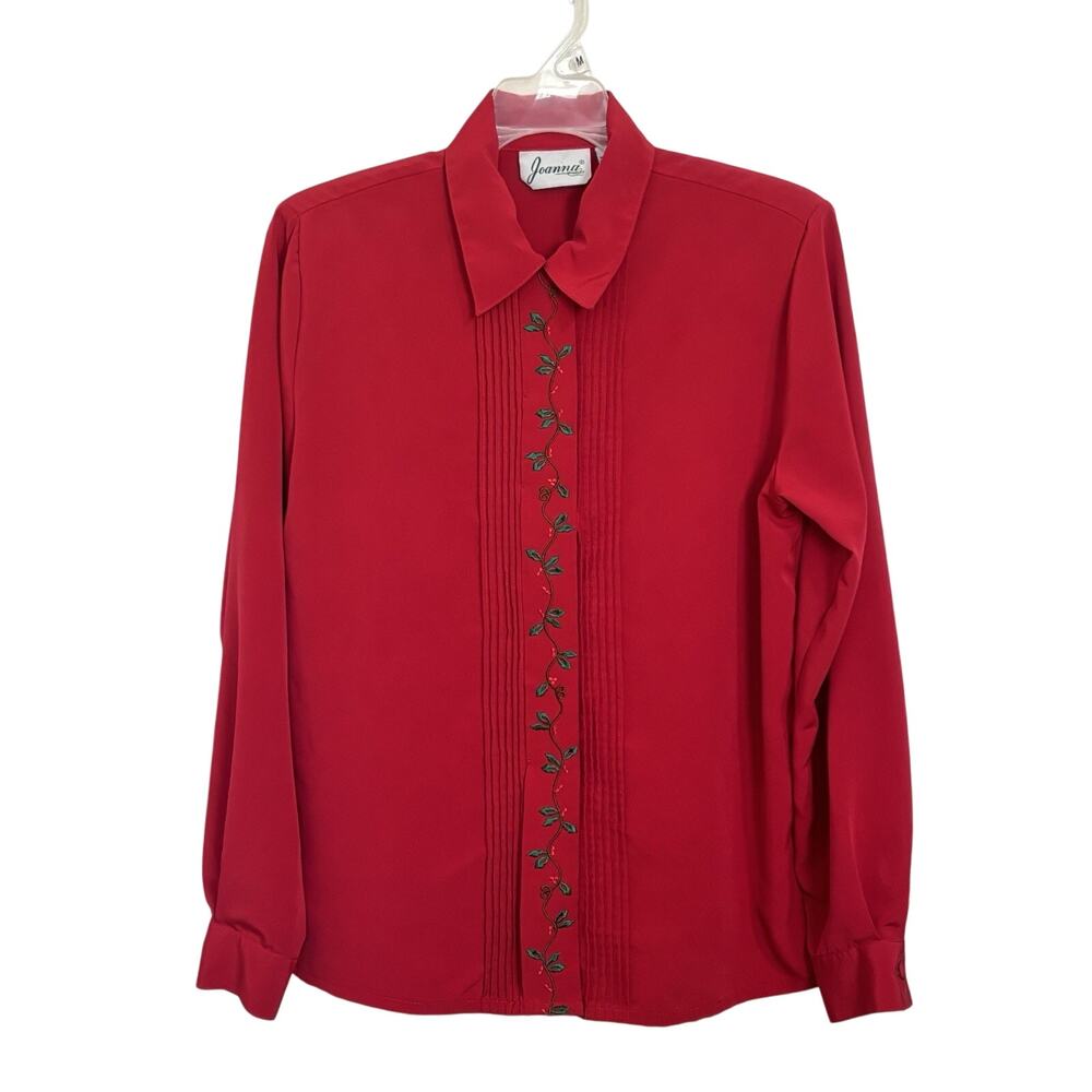 VTG 80s Joanna Christmas Blouse Red Embroidered Holly Size Large Button Up